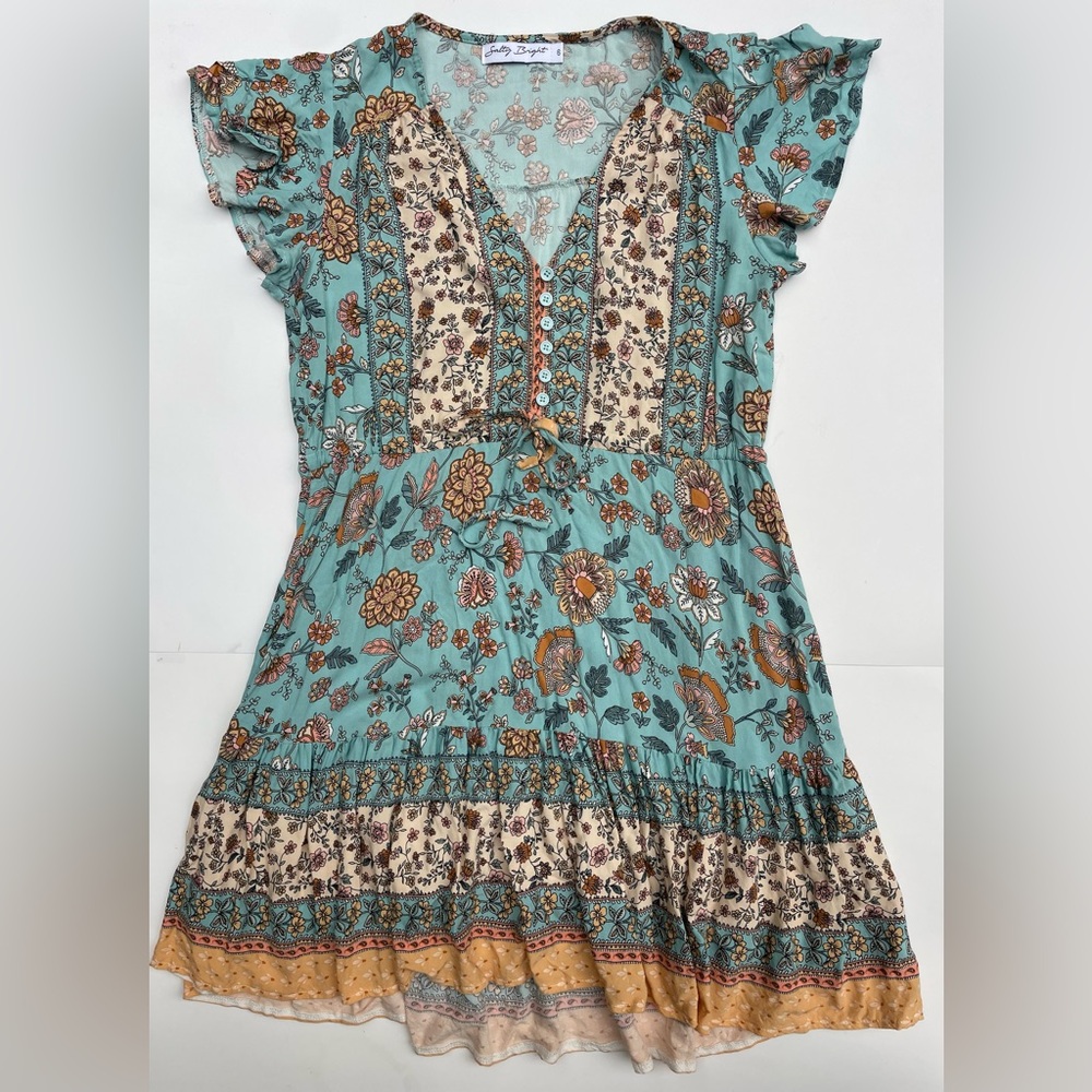 Floral Print Petal Sleeve Ruffle Hem Teal and Cream Dress - Picture 9 of 10